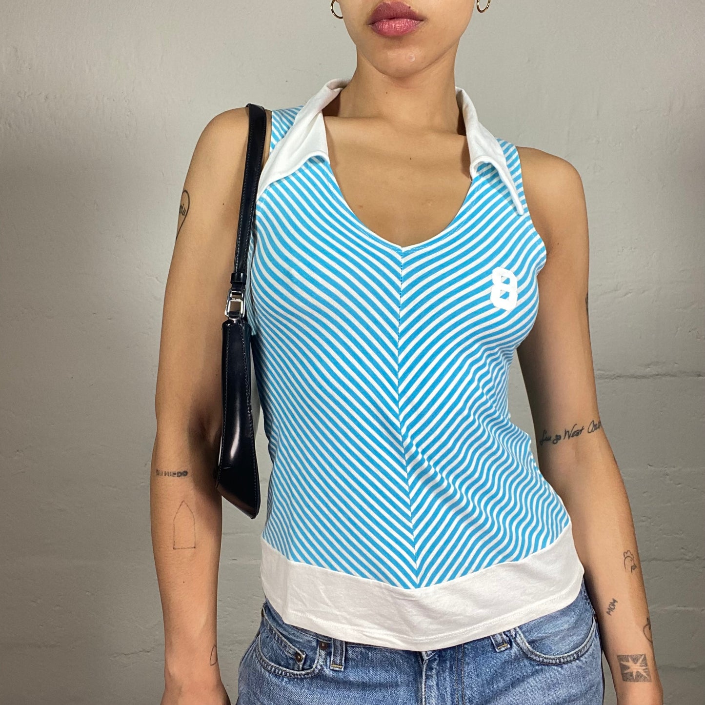 Vintage 2000's Sporty Baby Blue and White Striped Tank Top with Collar and 8 Embroidery on the Back (M)