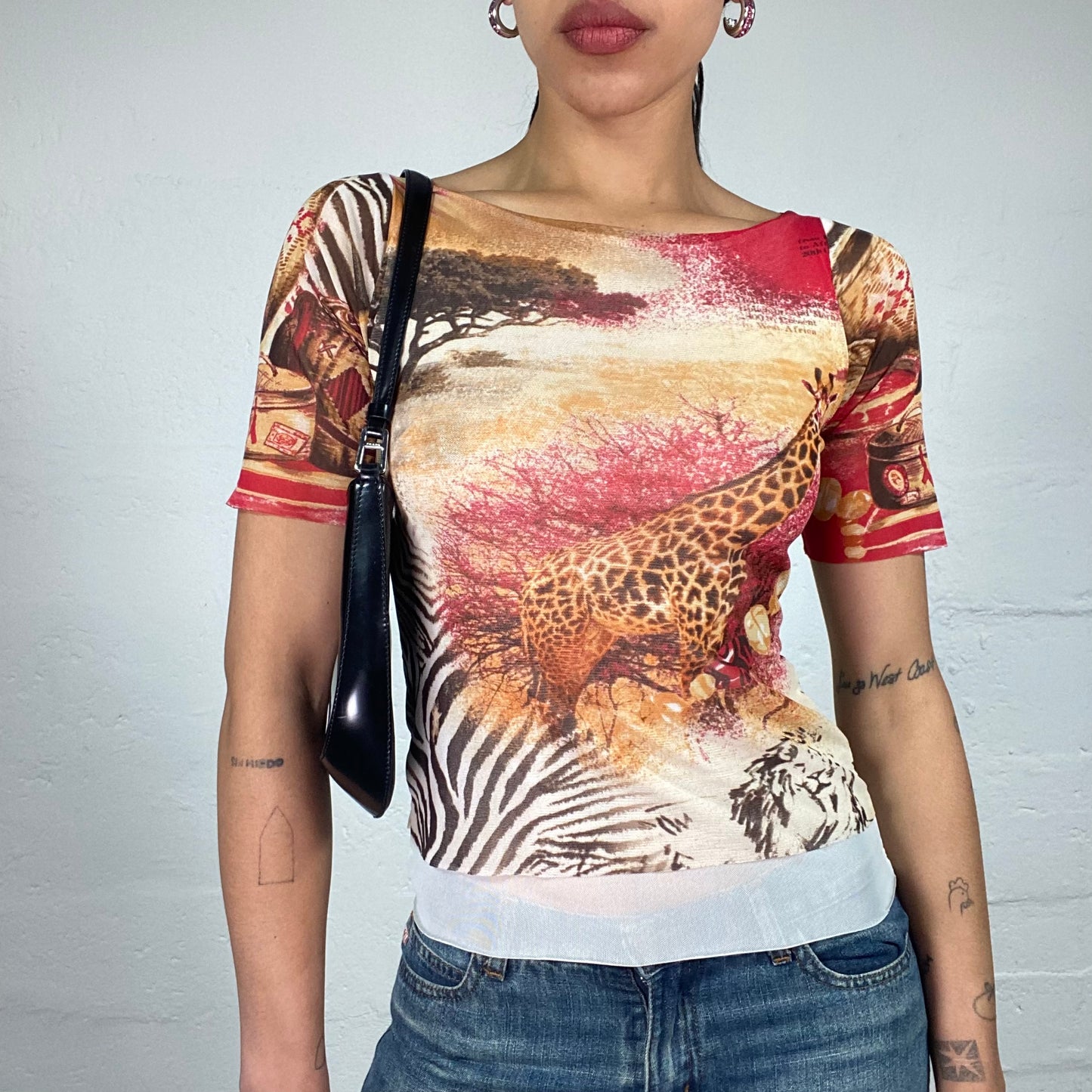 Vintage 2000's Summer Warm Toned Short Sleeved Top with Safari Print (S)