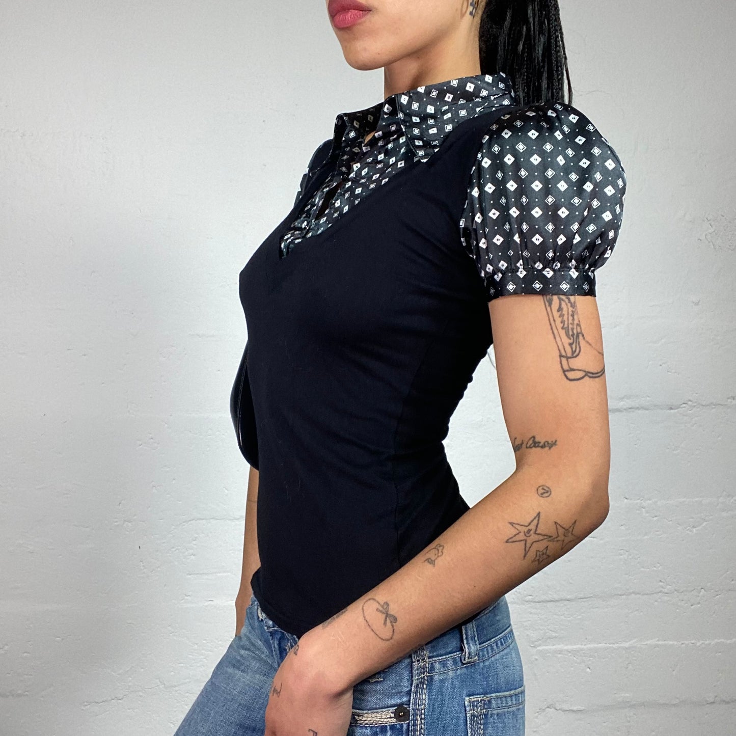 Vintage 2000's Coquette Black 2-Layered Doll Cut Top with Silky Collared Base (S)