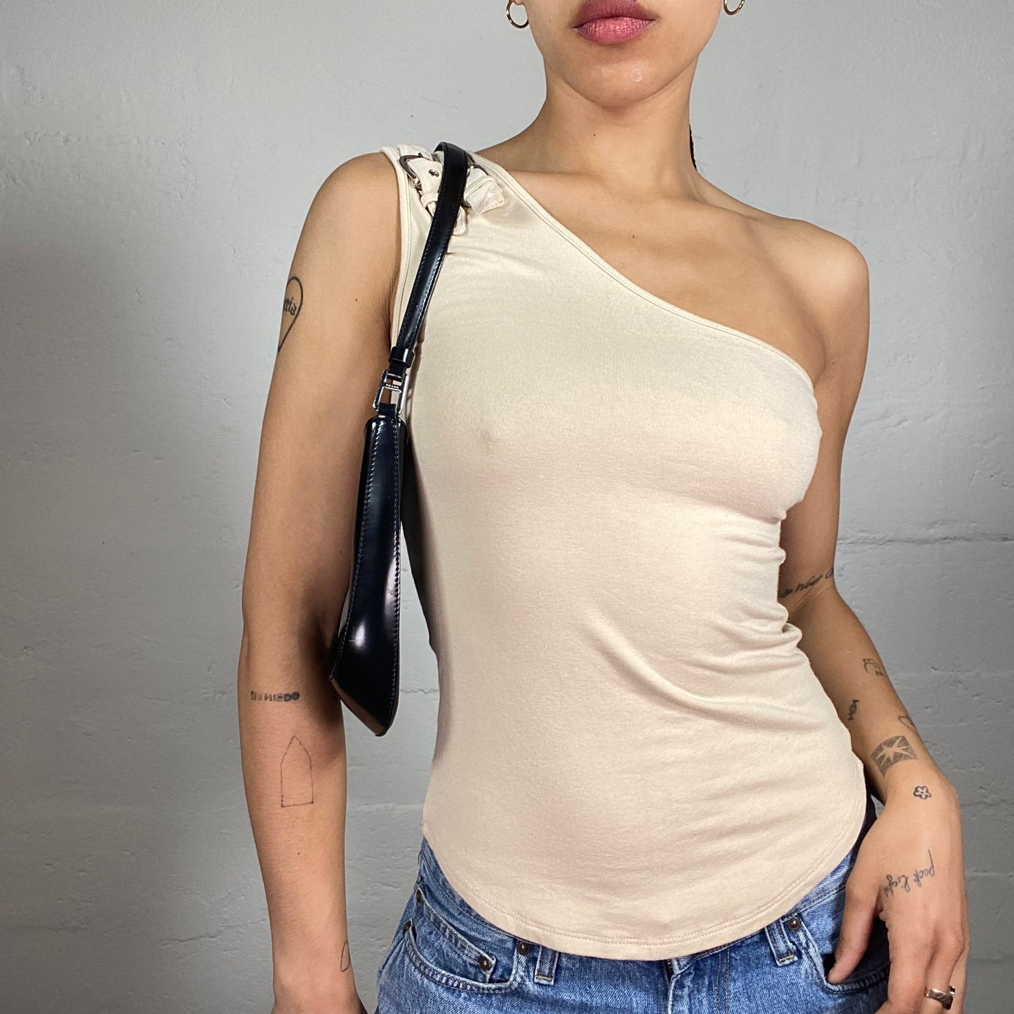 Vintage 2000's Casual Beige Asymmetric One Shoulder Top with Belt Details (S)