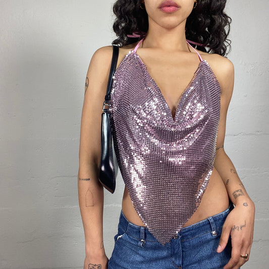 Vintage 2000's Glamorous Clubwear Pink Sequins Draped Neckholder Top with Open Back (S/M)