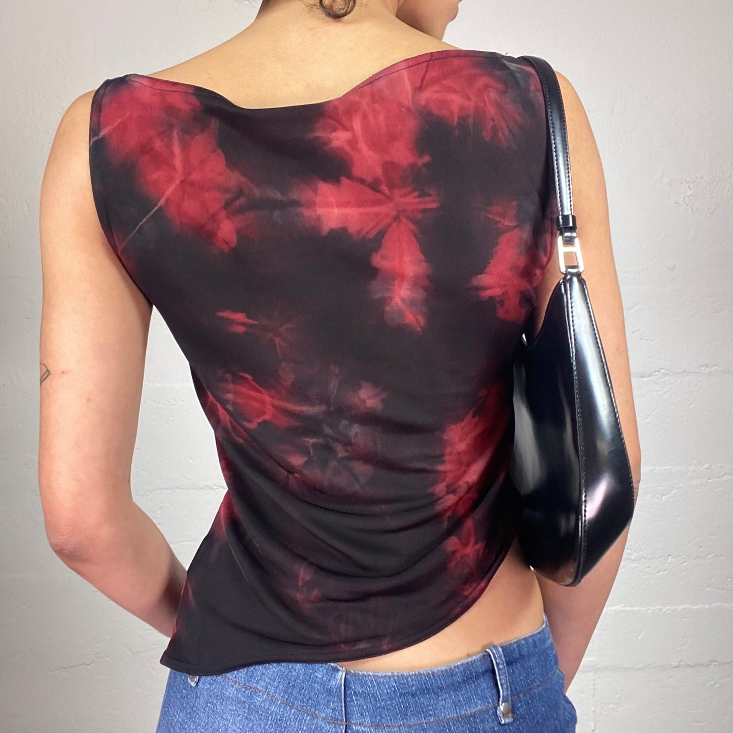 Vintage 2000's Grunge Vamp Girl Asymmetric Draped Black and red Tie Dye Top (L)