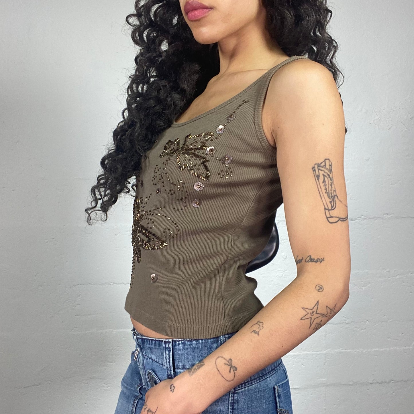 Vintage 2000's Casual Brown Jersey Tank Top with Butterflies Sequins Embroidery (XS)