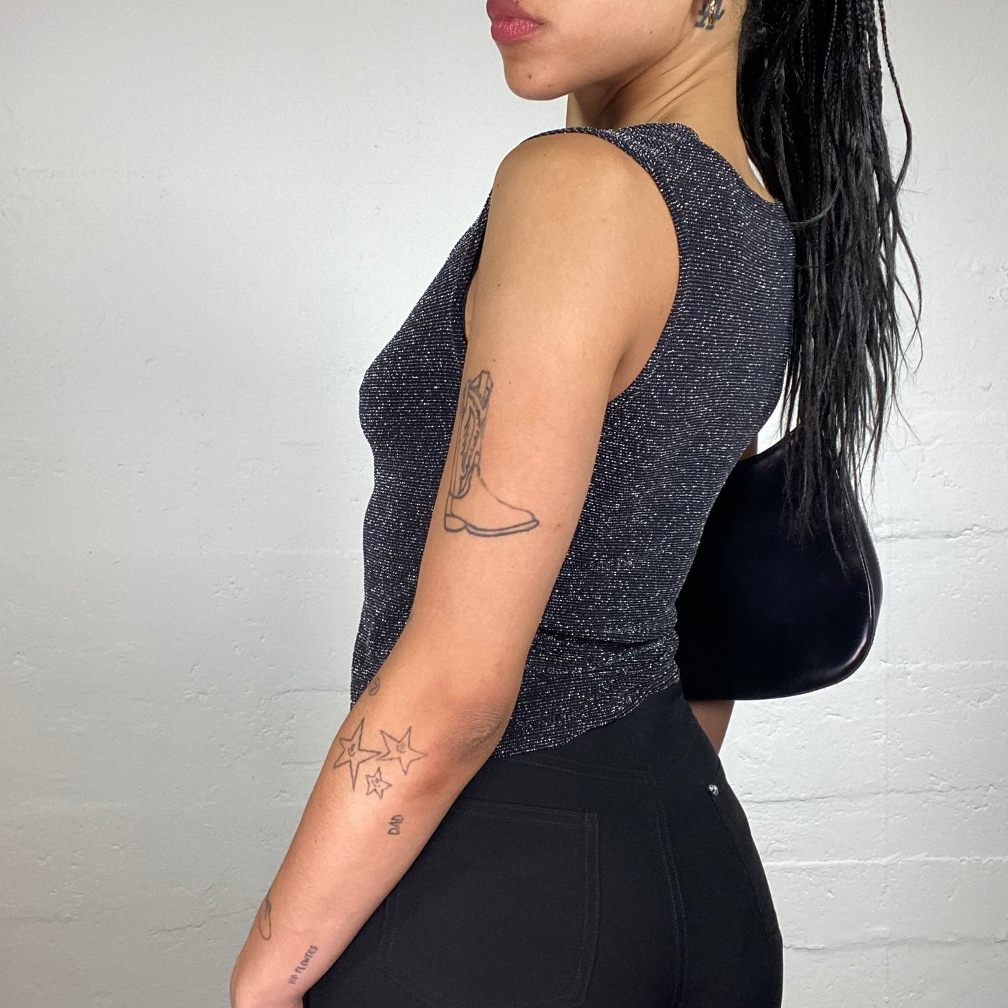 Vintage 2000's Clubwear Black Glitter Jersey Tank Top with Draped Neck Cut (M)