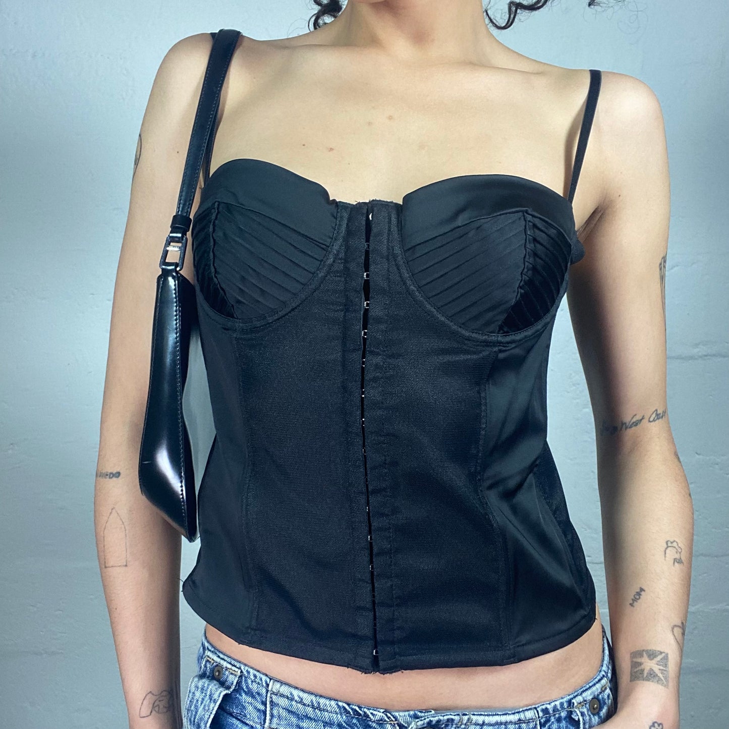 Vintage 2000's Coquette Black Satin Corset with Front Closing (L)