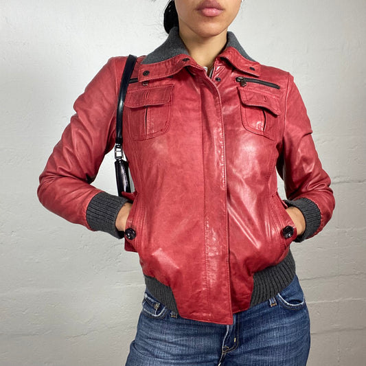 Vintage 2000's Leonardo Biker Girl Red Leather Hidden Zip Up Jacket with Grey Trim (S)