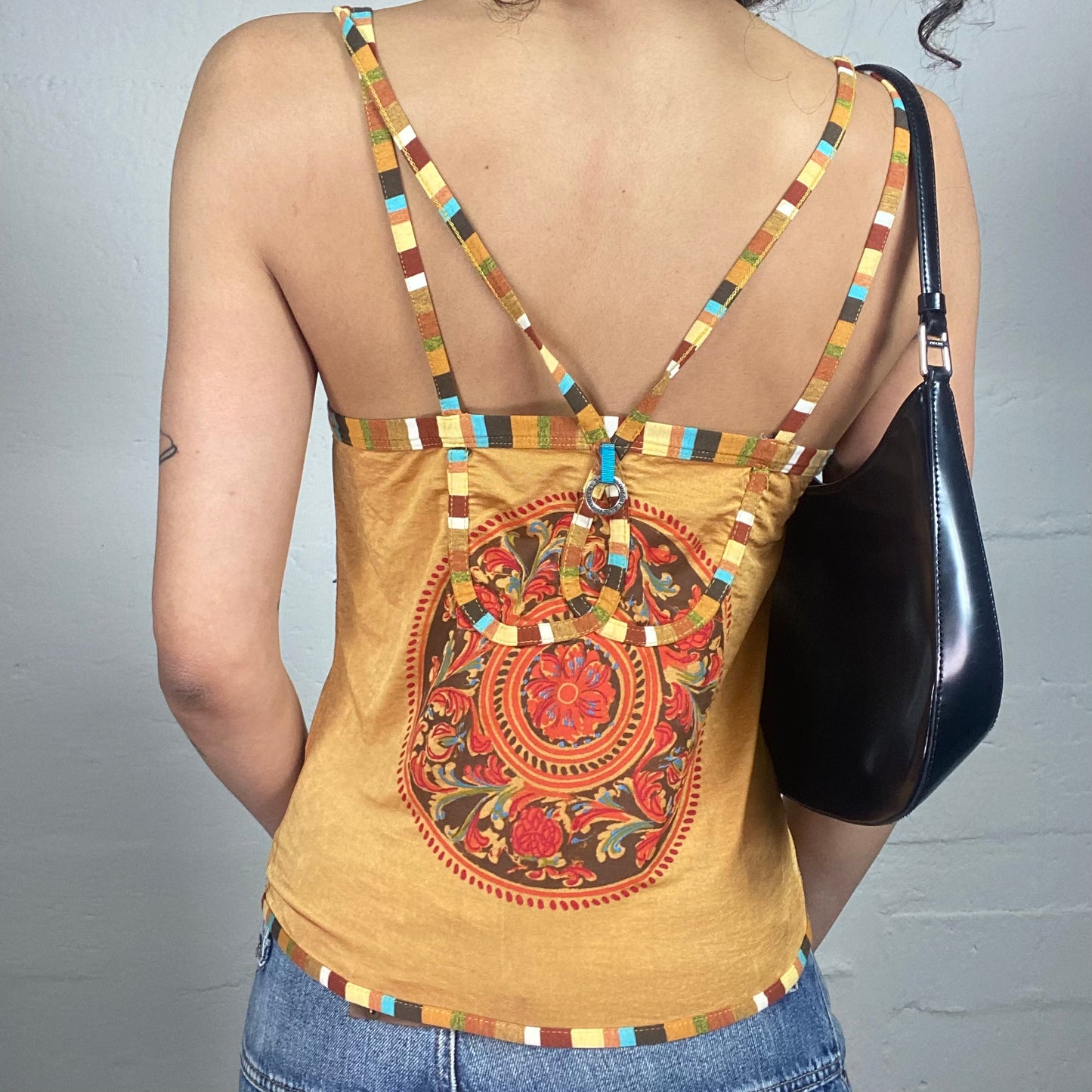 Vintage 2000's Save the queen Yellow Multiple Orange and Blue Embroidery Cami Top (L)