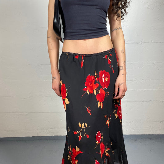 Vintage 2000's Chic Romantic Black Flowy Chiffon Dance Maxi Skirt with Red Roses Print (S)