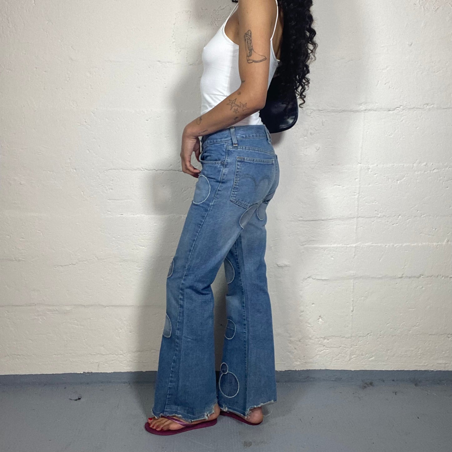 Vintage 2000's Futuristic Classic Blue Middle Waist Flare Pants with Denim Circles Patches (S)