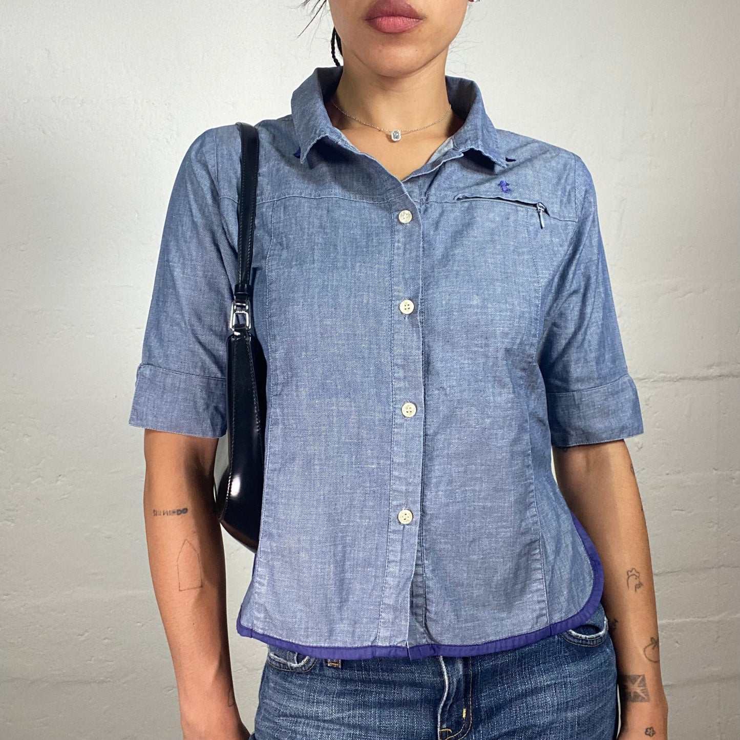 Vintage 2000's Office Girl Blue 2/4 Sleeve Box Fit Button Up Shirt (S)