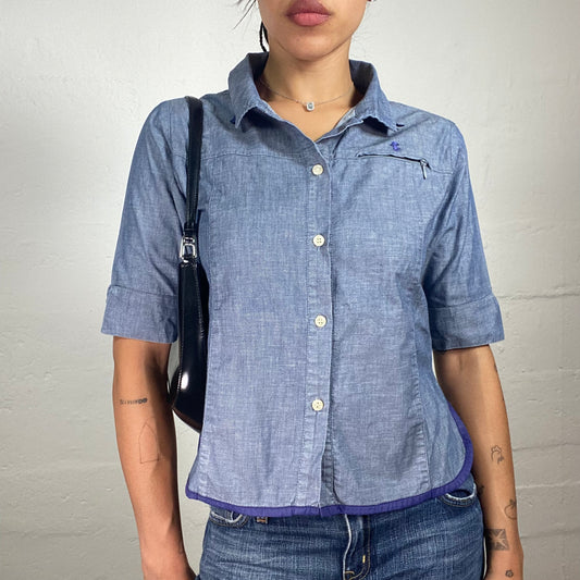 Vintage 2000's Office Girl Blue 2/4 Sleeve Box Fit Button Up Shirt (S)