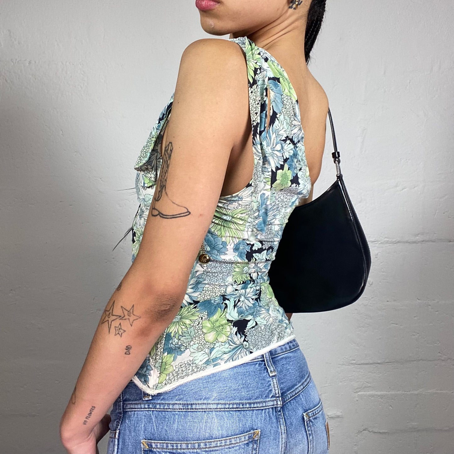 Vintage 2000's Romantic Summer Blue and Green Flower Print One Shoulder Top (M)