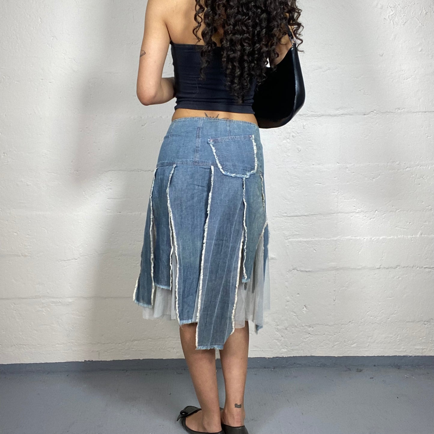 Vintage 2000's Downtown Girl Light Denim Cut Open Trim Midi Skirt (M)