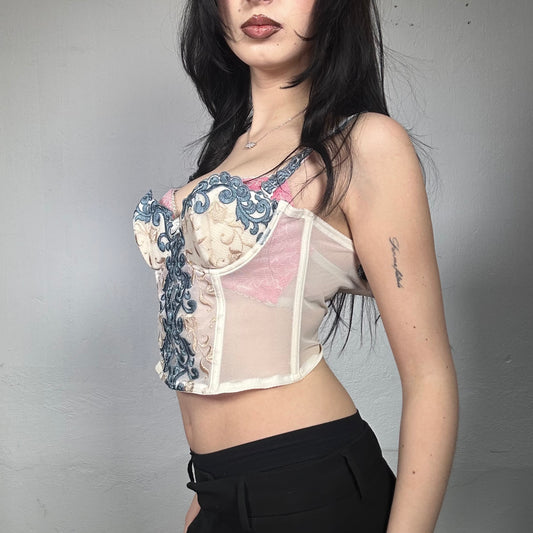 Vintage 90’s Lingerie Style Beige Corset with Blue Embroidery (S/M)