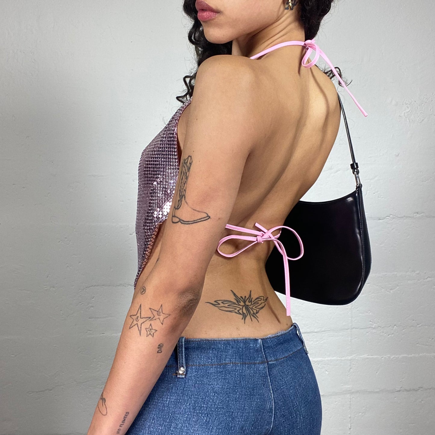 Vintage 2000's Glamorous Clubwear Pink Sequins Draped Neckholder Top with Open Back (S/M)
