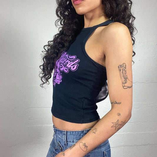Vintage 2000's Sporty Black Tank Top with Purple Abstract Typography Print (S)