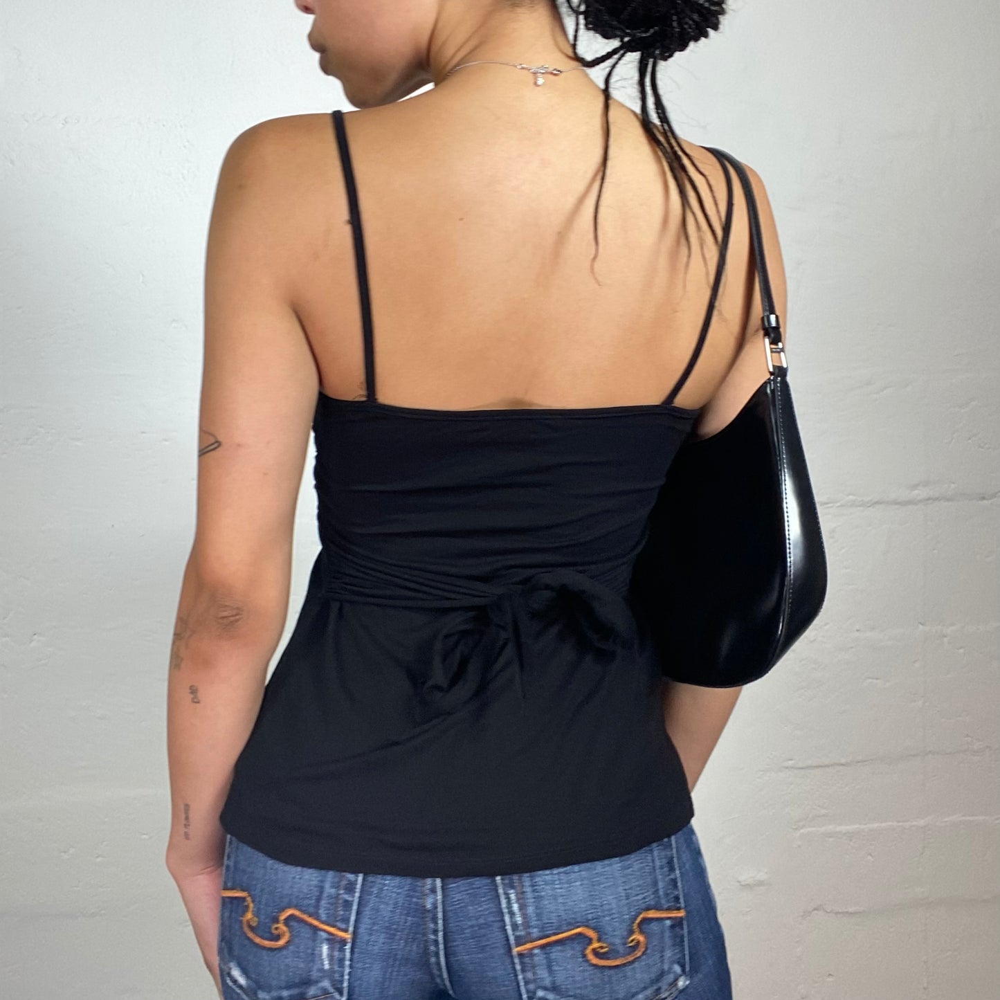 Vintage 2000's Morgan Classy Black Draped Wrapped Bra Cami Top with Back Ribbon Binding (S)