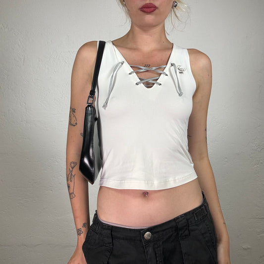 Vintage 2000's Cowgirl Creme White Tank Top with Lace Up Neckline Detail and Logo (XS/S)