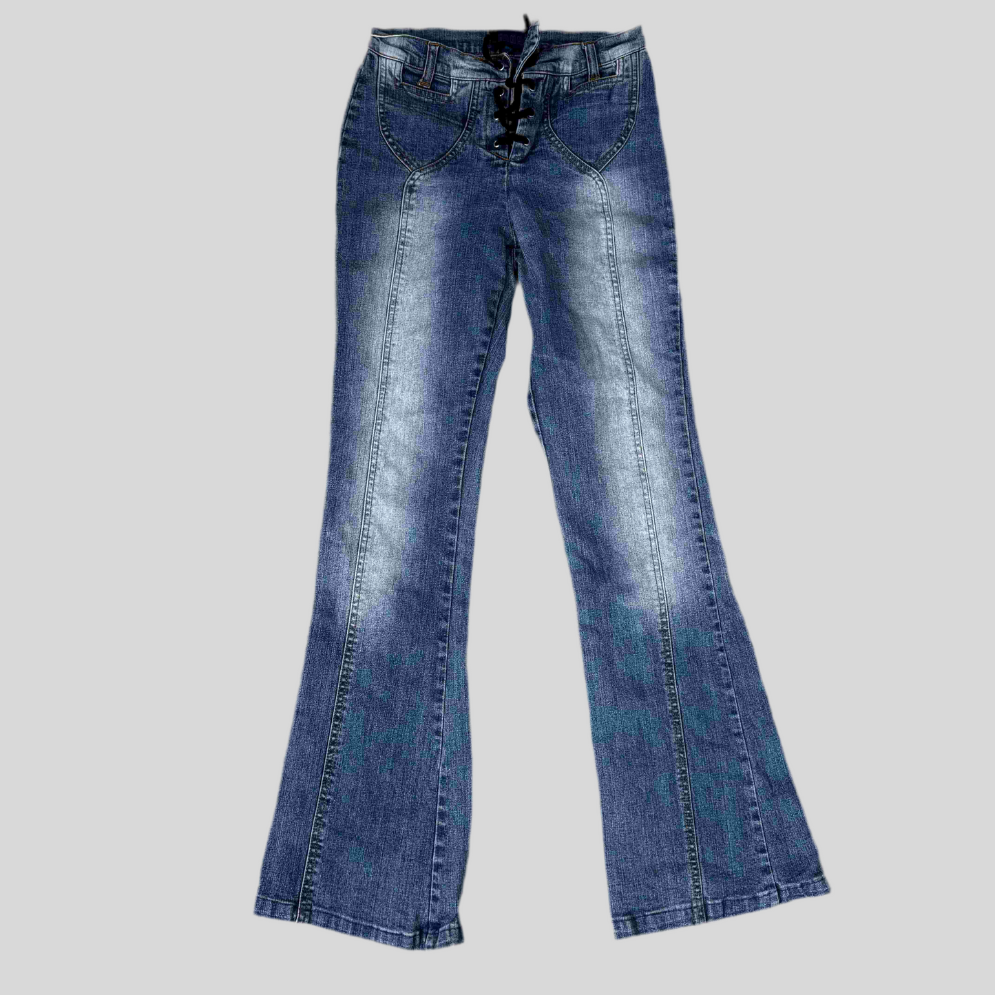 Vintage 90’s Indie Dark Washed Denim Flared Pants with Lace-Up Detail (S)