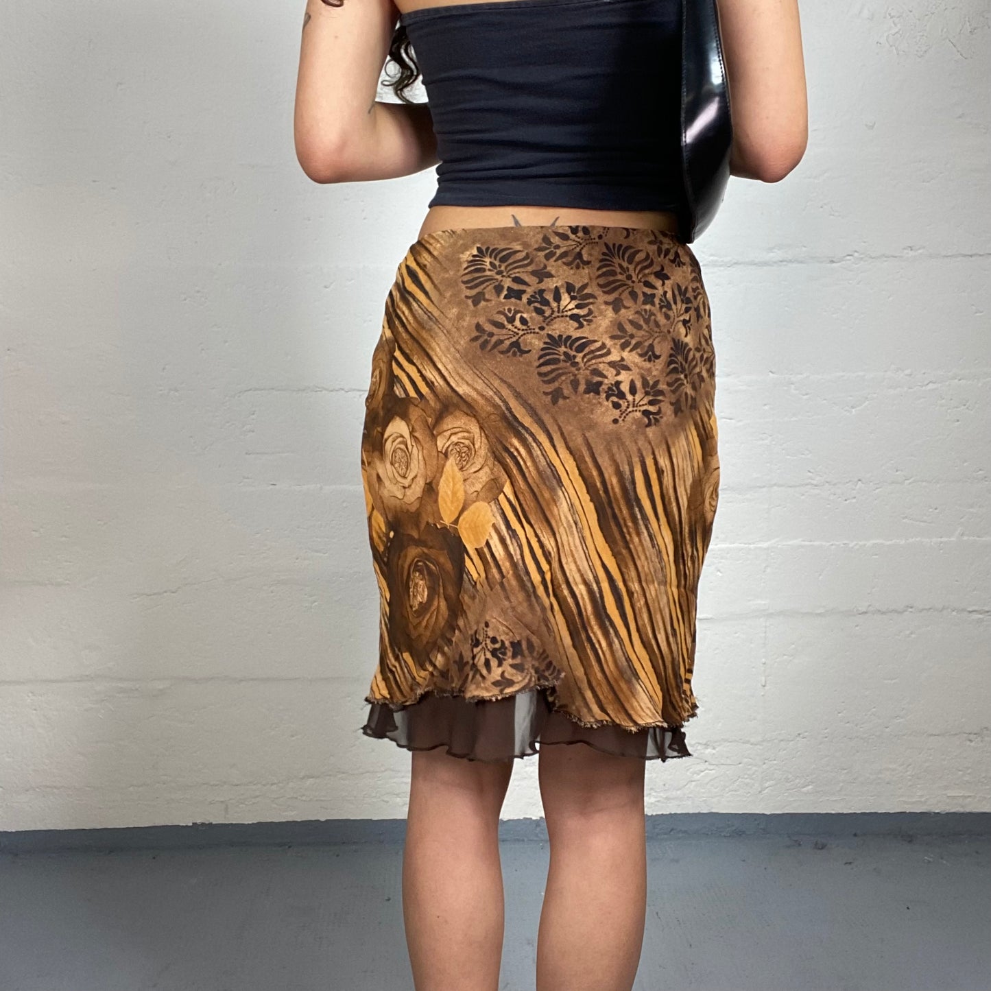 Vintage 2000's Romantic Brown and Yellow Chiffon Stripes and Flowers Printed Knee Length Skirt (S)