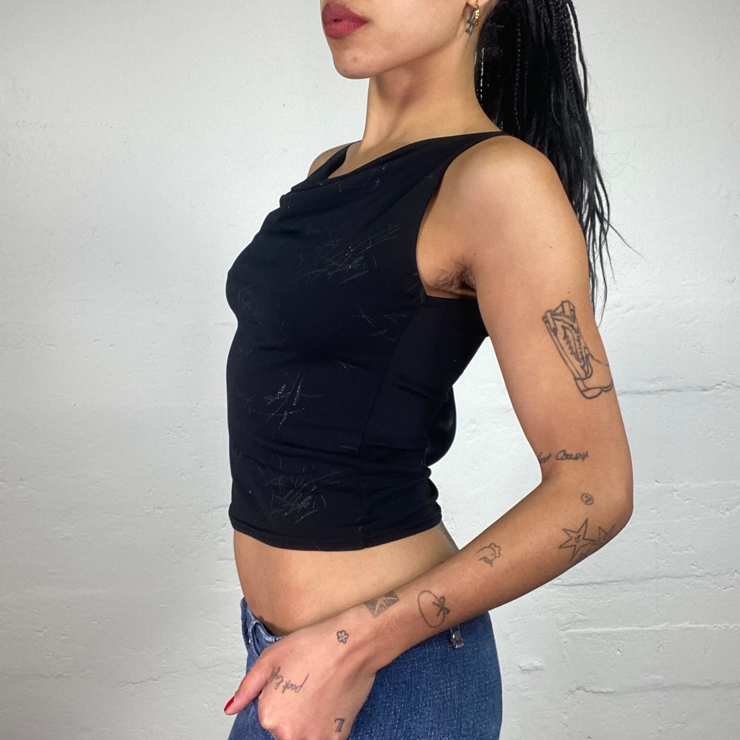 Vintage 2000's Clubwear Black Cropped Cami Draped Neck Top with Glitter Silver Print (S)