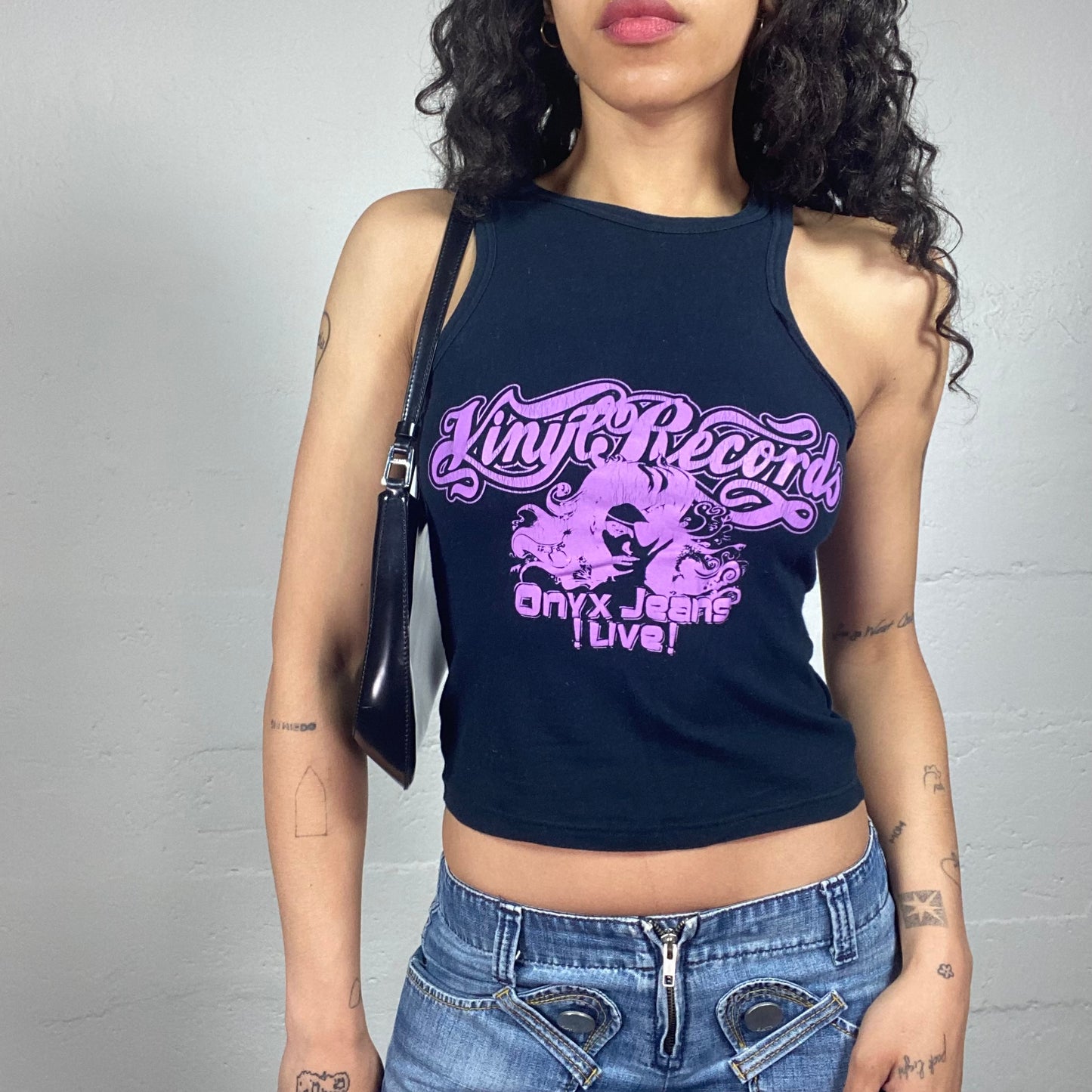 Vintage 2000's Sporty Black Tank Top with Purple Abstract Typography Print (S)