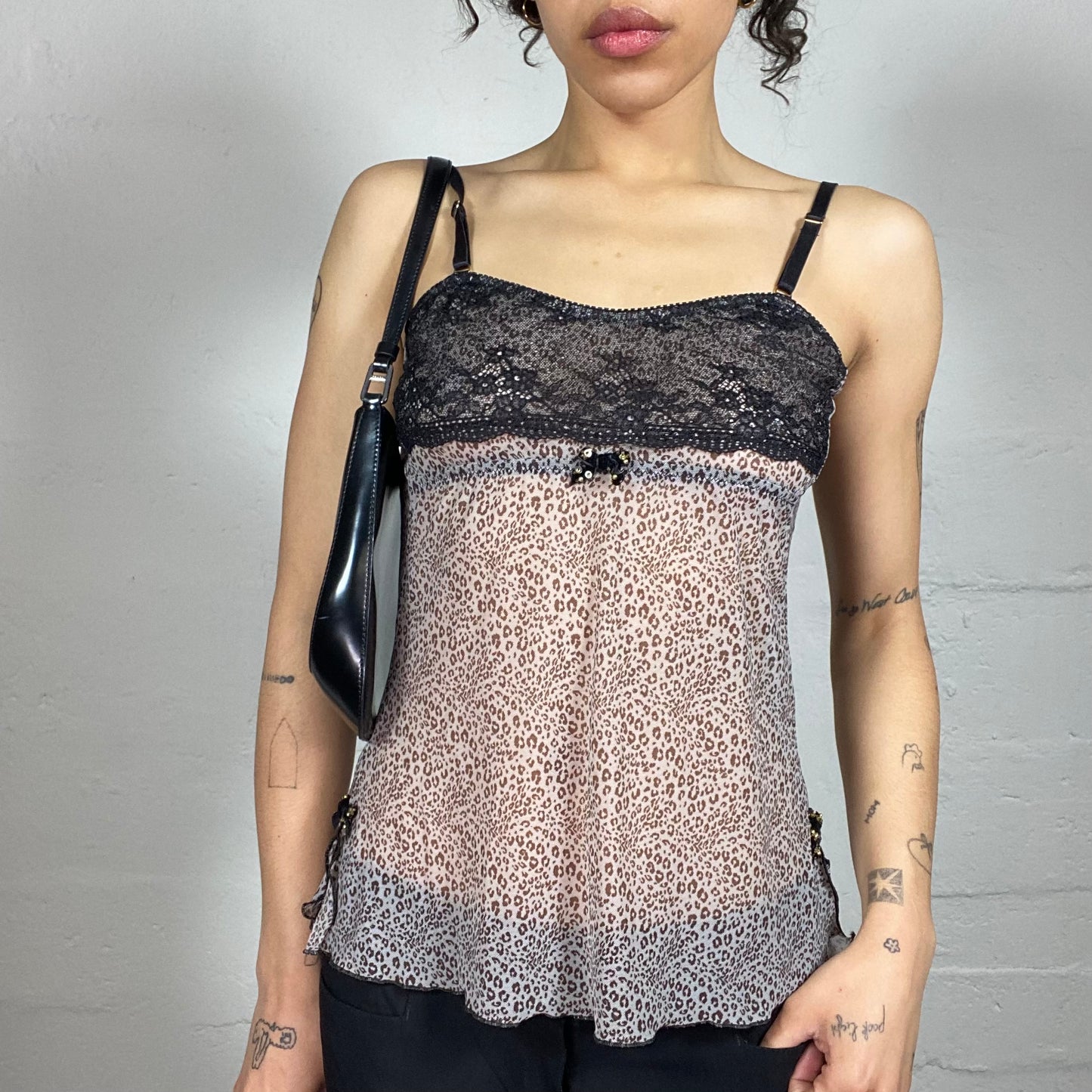 Vintage 2000's Romantic See Through Chiffon Beige and Black Floral Printed Cami Top (S)