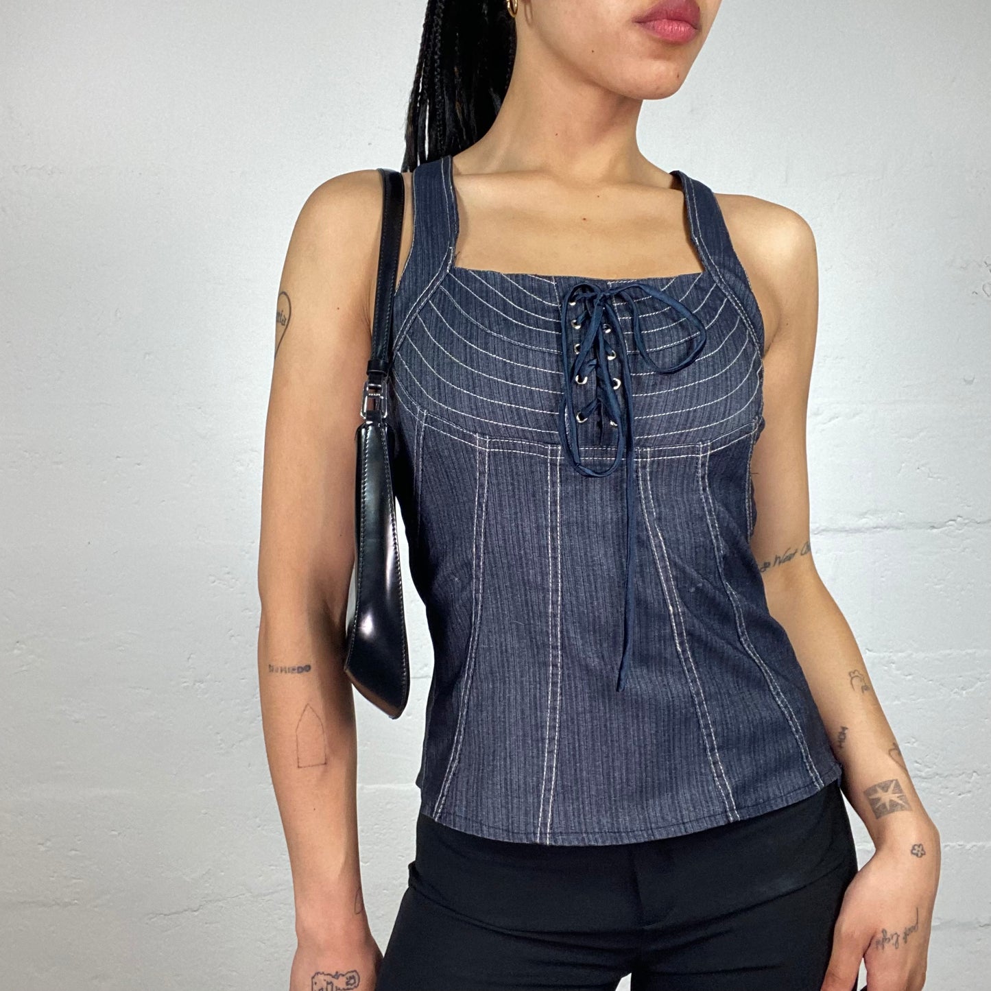 Vintage 2000's Downtown Girl Navy Blue Denim Effect Laced Up Top with White Seaming (S)