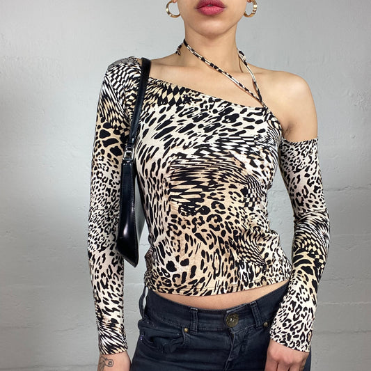 Vintage 2000's Cheetah Girl Asymmetric Off Shoulder Half Neckholder Animal Printed Top (S)