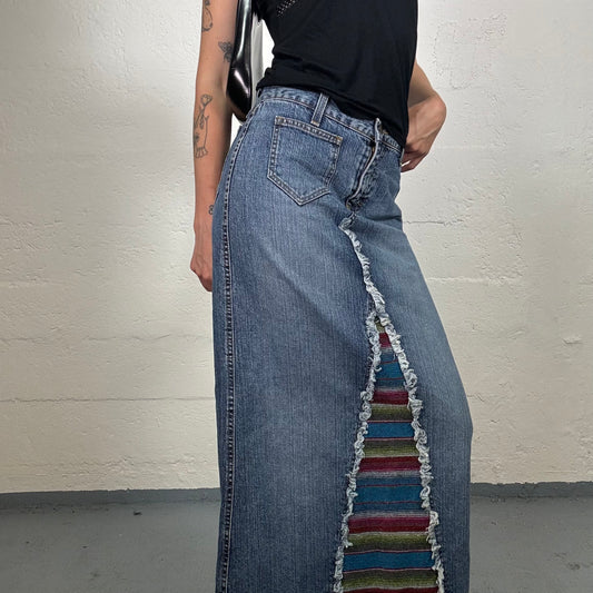 Vintage 2000's Downtown Girl Denim Blue Midi Skirt with Hippie Striped Cut It (M)