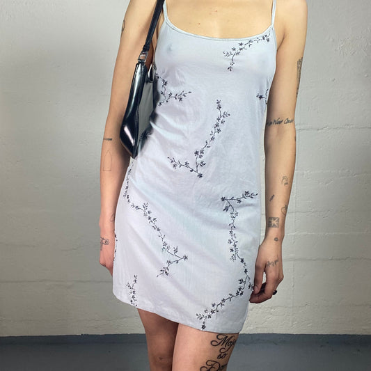 Vintage 2000's Soft Girl Light Grey Summer Cami Mini Dress with Floral Print (S)