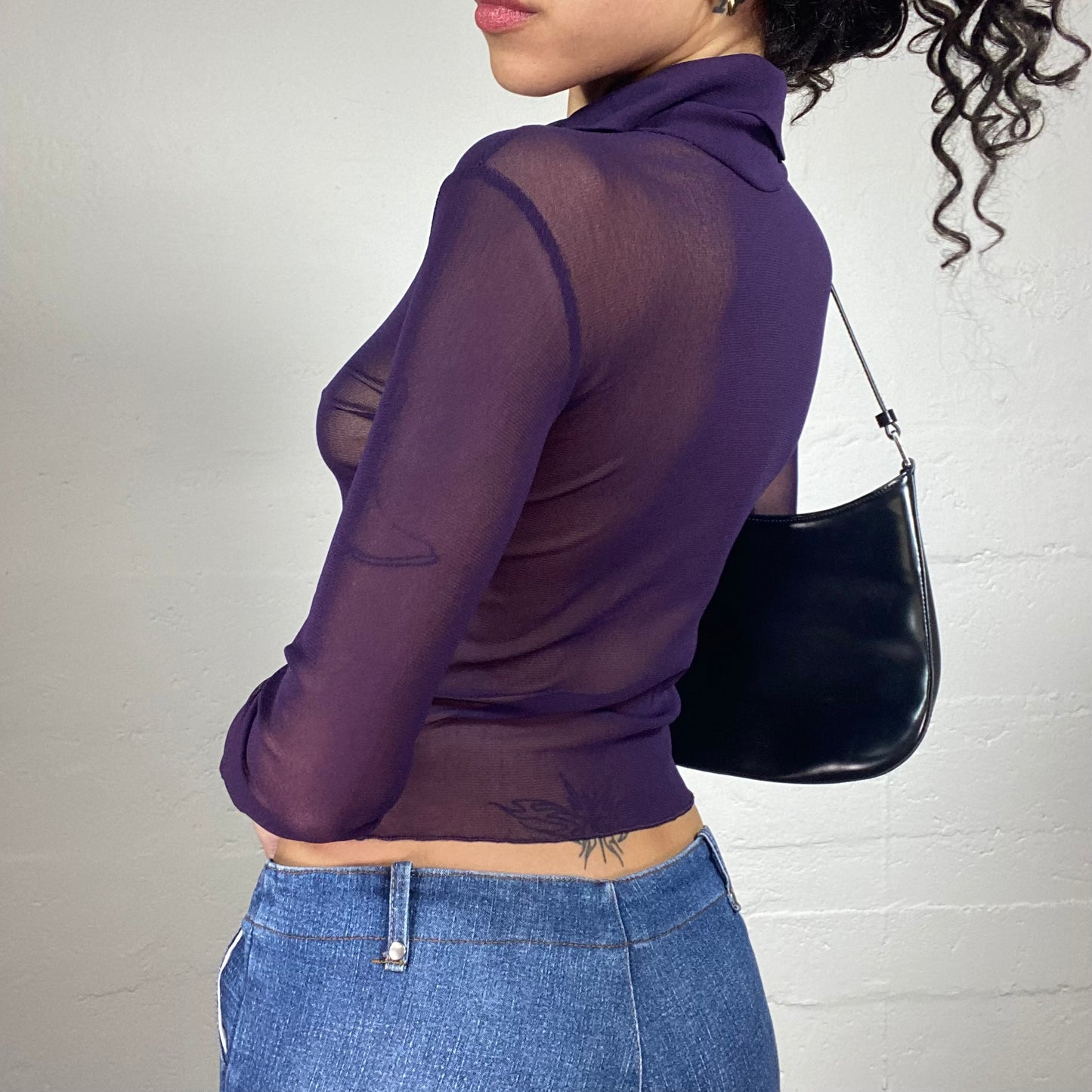 Vintage 2000's Clubwear Purple Mesh Longsleeve Cropped Top with Collar Detail (S)