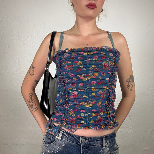 Vintage 2000's Summer Girl Blue Mesh Ruffled Cami Top with Orange and Red Mini Floral Print (S)