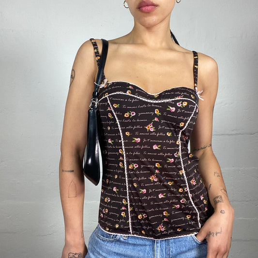 Vintage 2000's Romantic Brown White Typography and Mini Flowers Printed Cami Top (S)