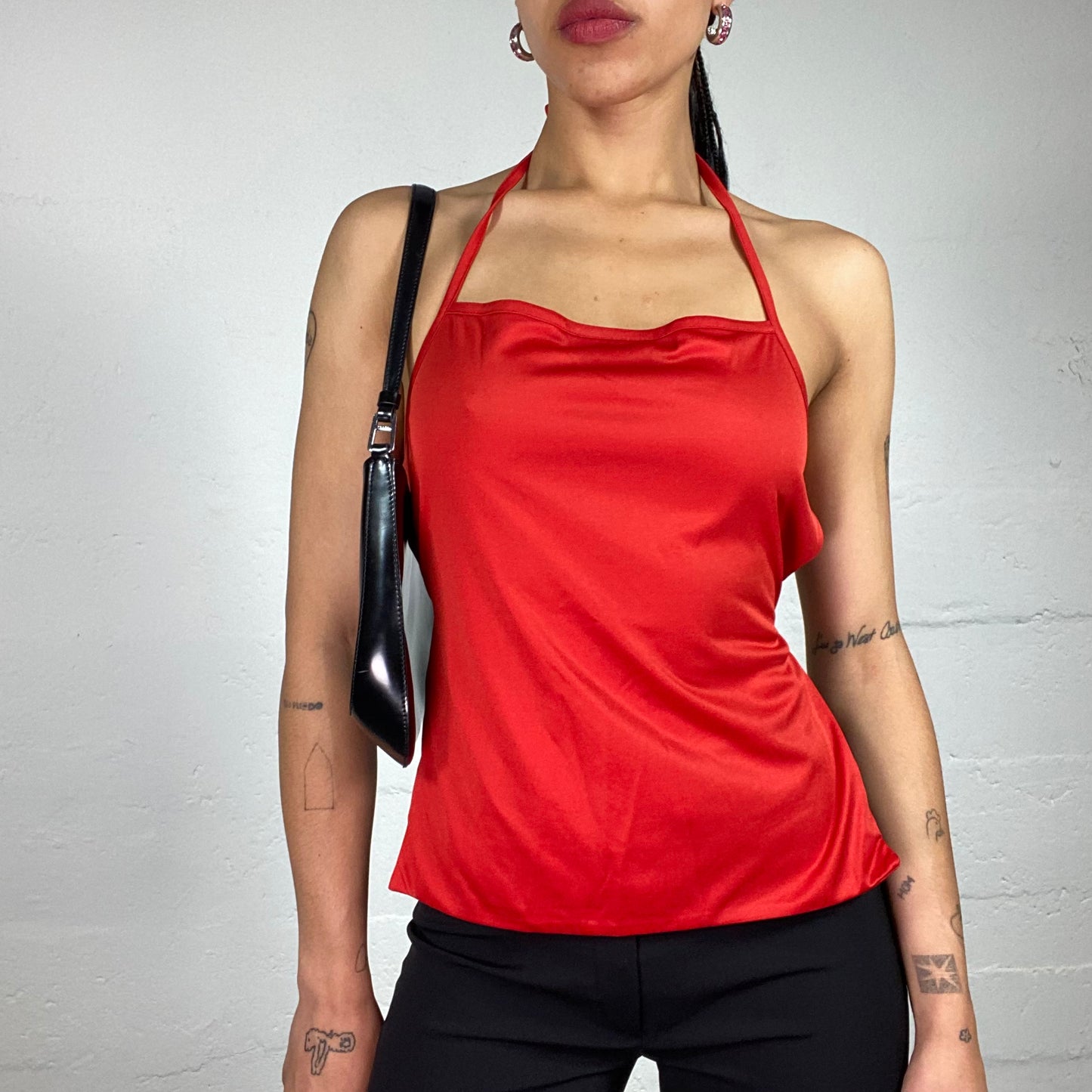 Vintage 2000's Downtown Girl Red Classy Neckholder Top with Open Back and Bindings (L)
