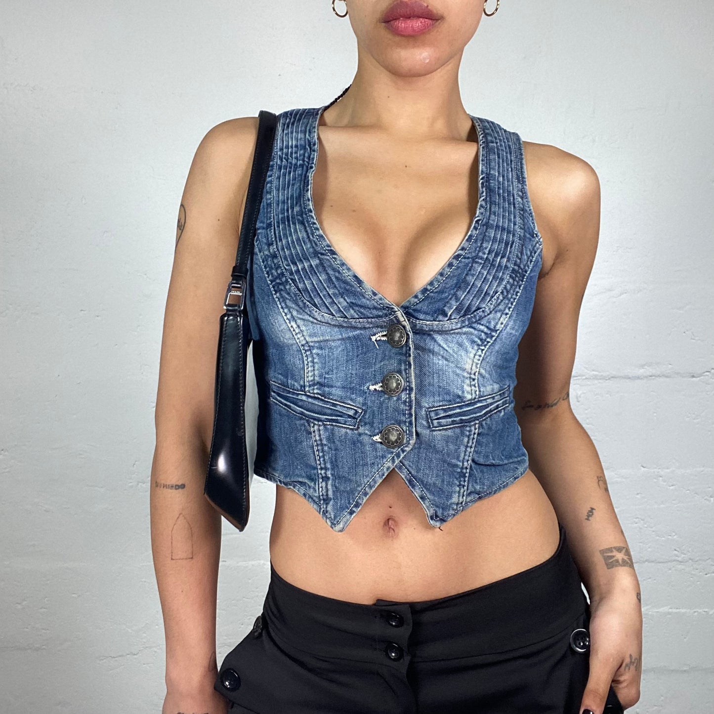 Vintage 2000's Hip-Hop Blue Denim Button Up Cropped Vest Top (XS)