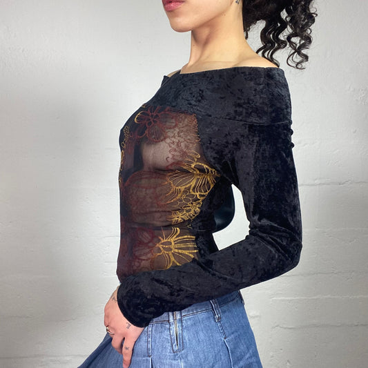 Vintage 2000's Gothic Boho Off Shoulder Velour Black Longsleeve Top with Mesh See Through Floral Printed Front (S)