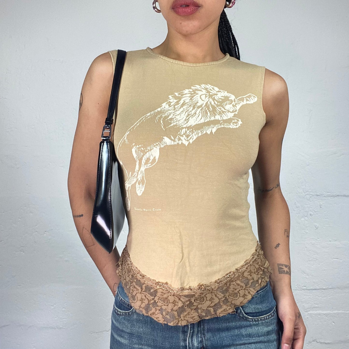 Vintage 2000's Downtown Girl Beige Tank Top with Animal White Print and Coffee Colour Lace Trim (S)