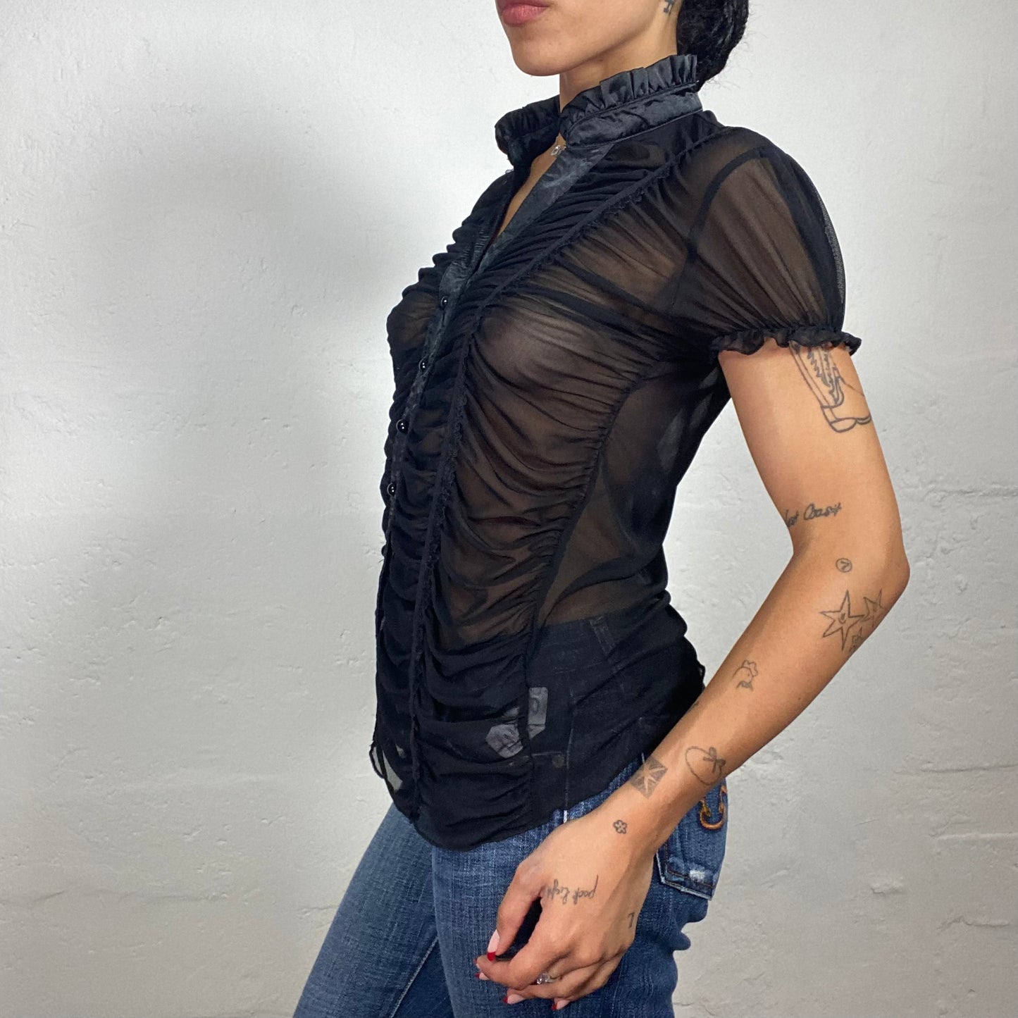 Vintage 2000's Chic Black Mesh See Through Ruffled Button Up Shirt with Coquette Sleeves (L)