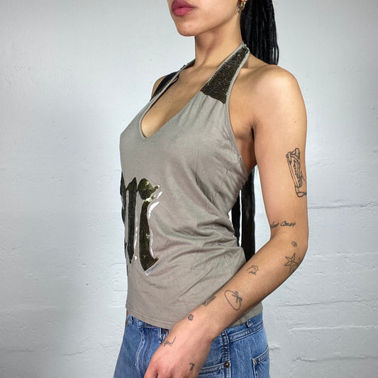 Vintage 2000's Morgan Clubwear Grey Neckholder Top with Bronze Sequin Embroidery (M)