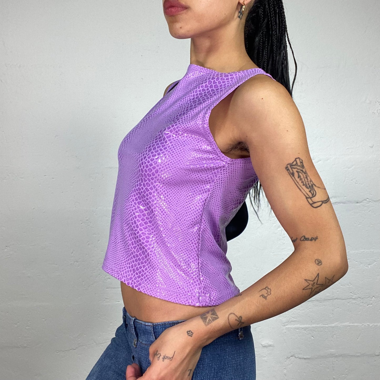 Vintage 2000's Casual Glam Purple Snake Skin Effect Glossy Tank Top (L)