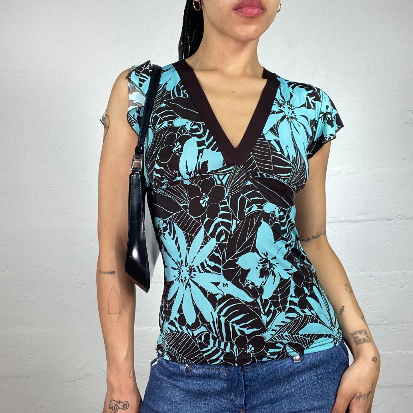 Vintage 2000's Boho Girl Brown and Tiffany Blue V-Cut Top with Tropical Print (M)