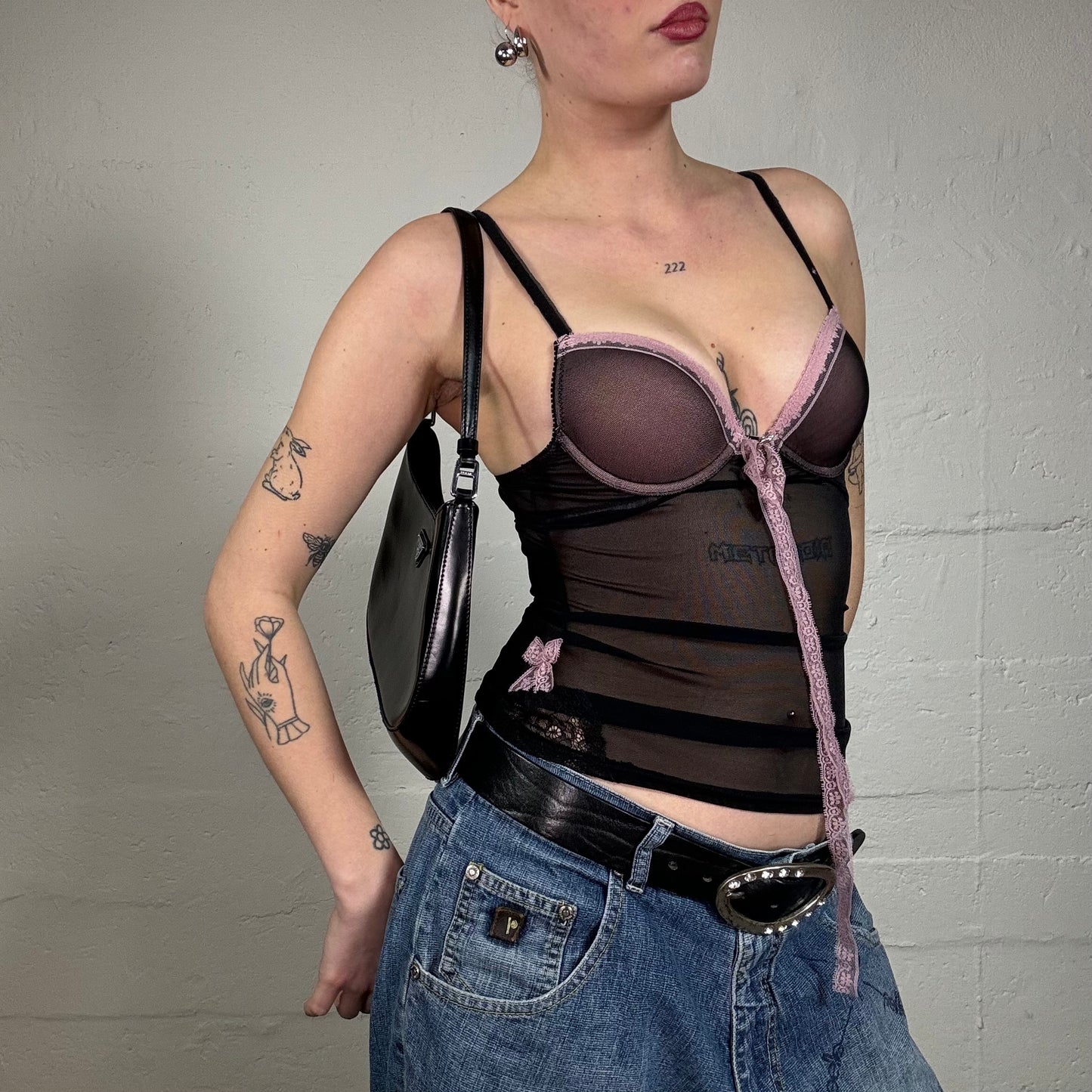 Vintage 2000's Soft Girl Black Corset Top with Pink Lacing Detail (S)