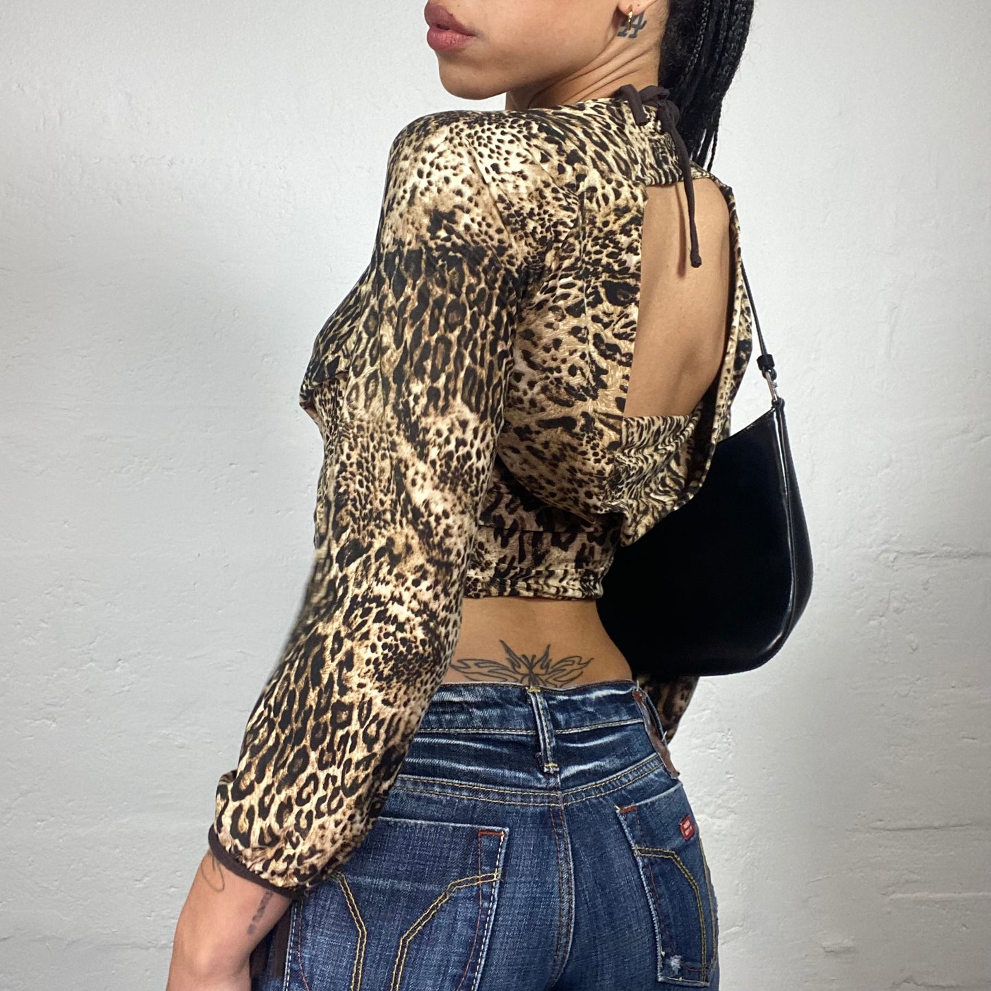 Vintage 2000's Downtown Glam Sand and Brown Toned Leo Printed Longsleeve Cropped Top with Open Back (S)