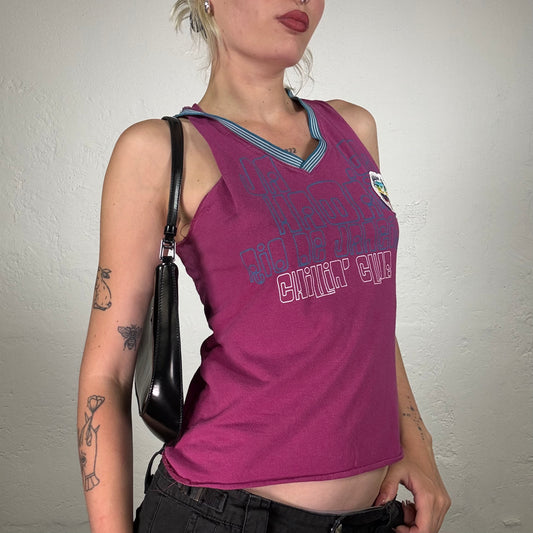 Vintage 2000's Surfer Girl Purple V-Neck Longsleeve Top with Writing Print (L)