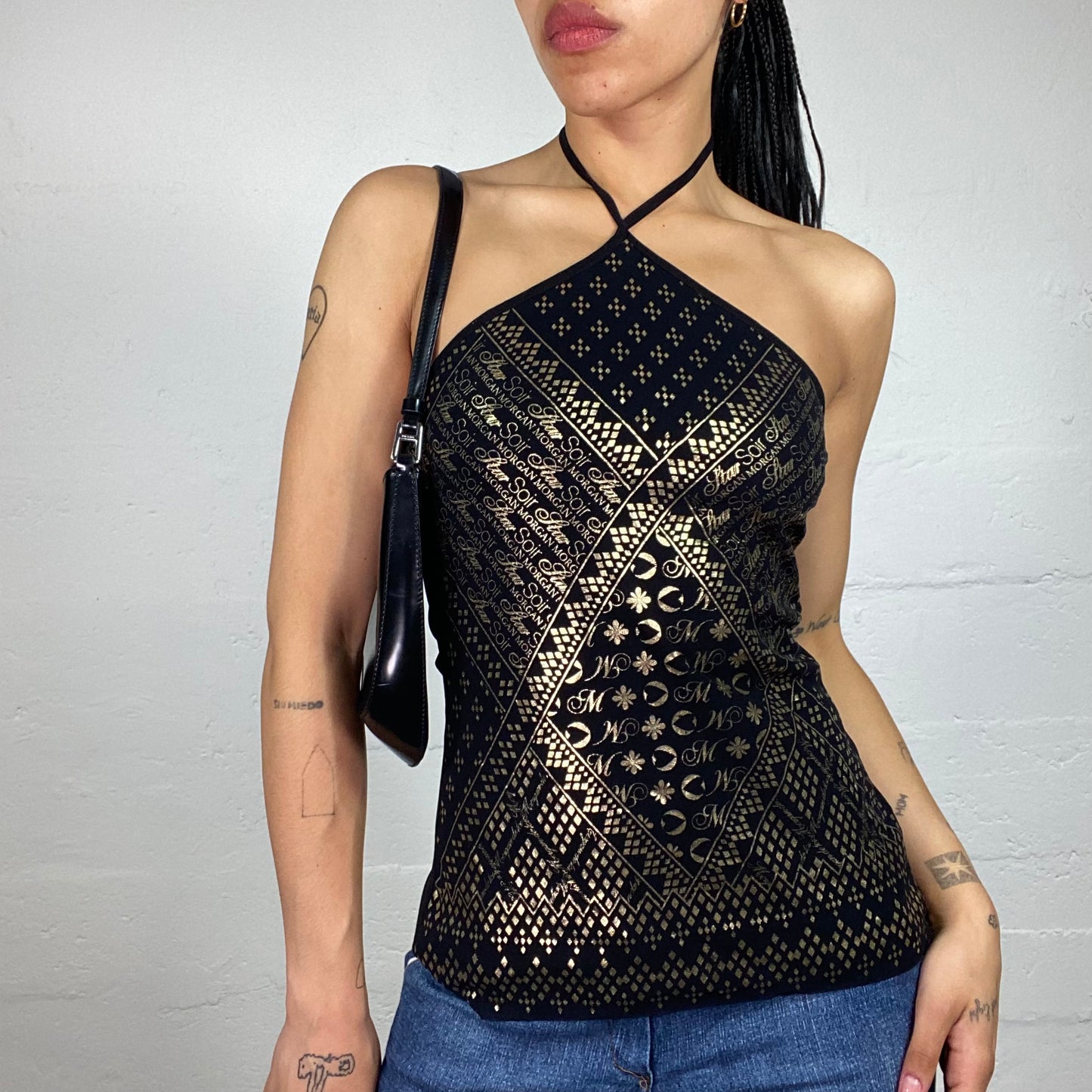 Vintage 2000's Morgan Glam Boho Black Neckholder Top with Gold Shiny Print (S)