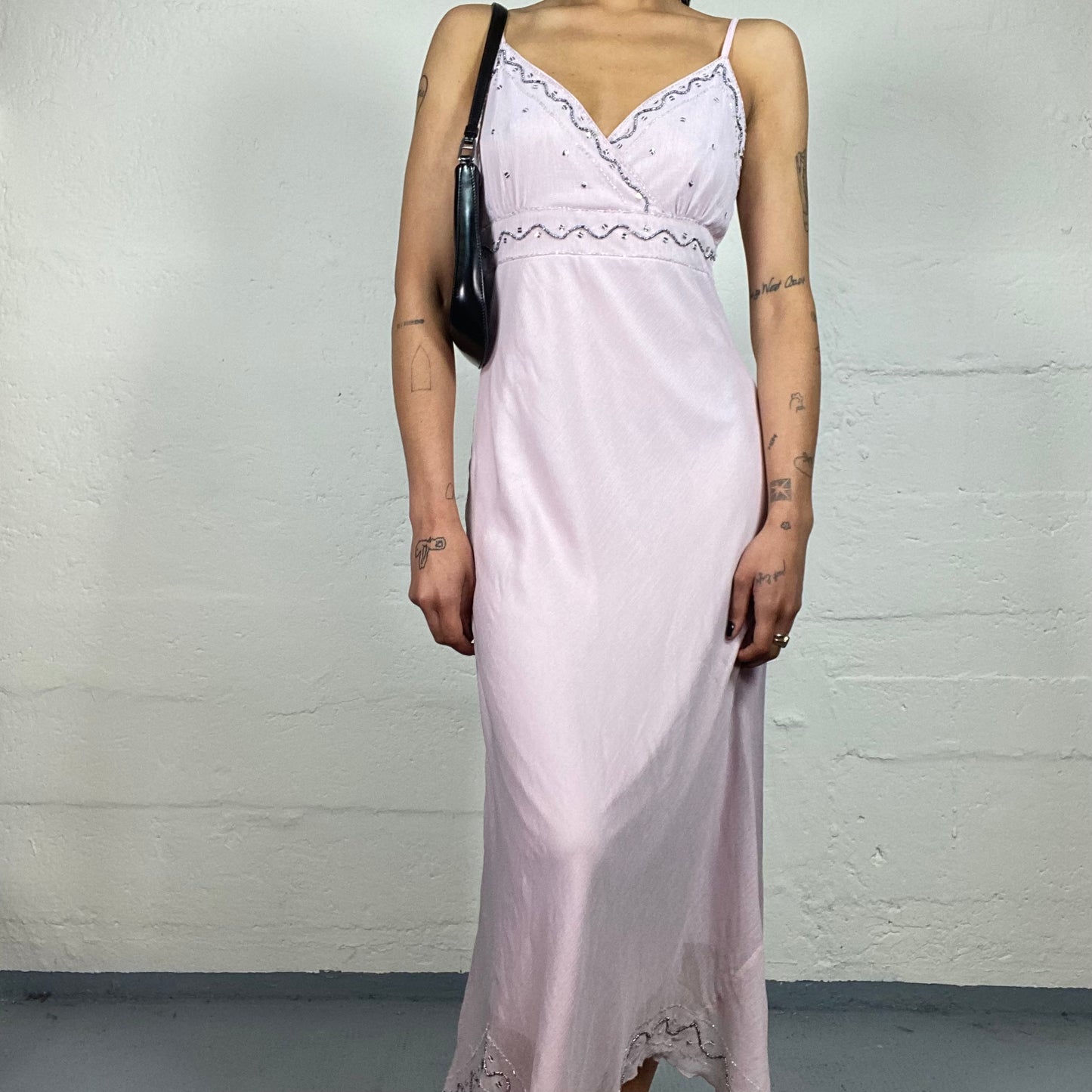 Vintage 2000's Princess Soft Pink Light Maxi Cami Dress with Sequin Embroidery (M)