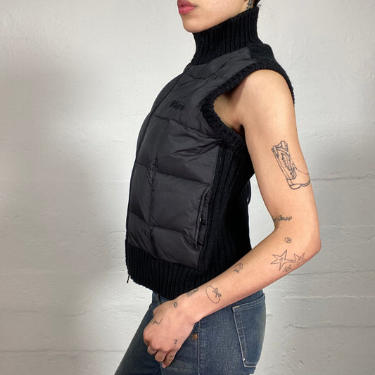 Vintage 2000's Sporty Puffer Zip Up Black Vest with Knitted Rubber Back (M)