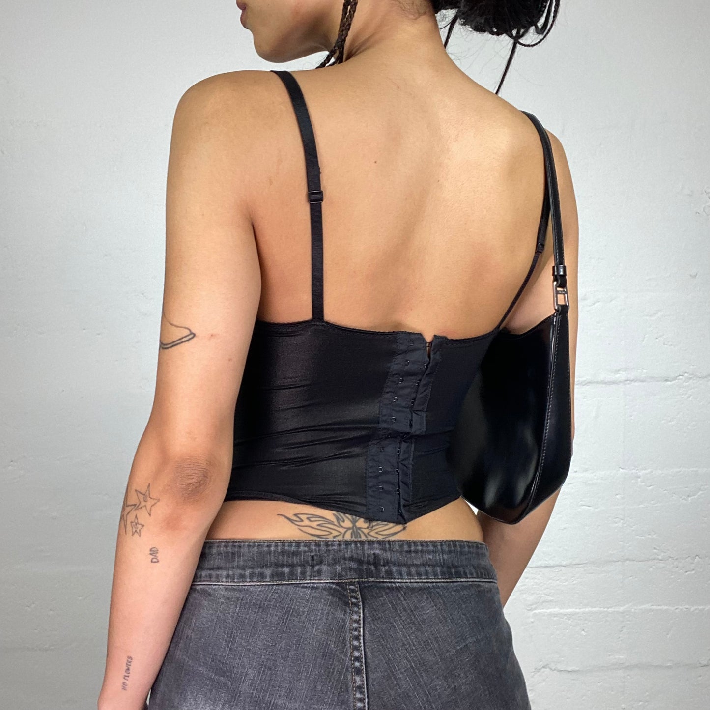 Vintage 2000's Femme Fatale Black Satin and Mesh Corset Top with Sequin and Rhinestones Decorated Bra (S)