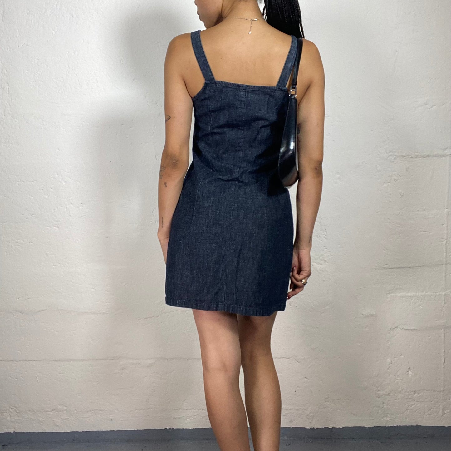 Vintage 2000's Downtown Girl Deep Blue Uniform Mini Denim Dress with Middle Pocket (M)